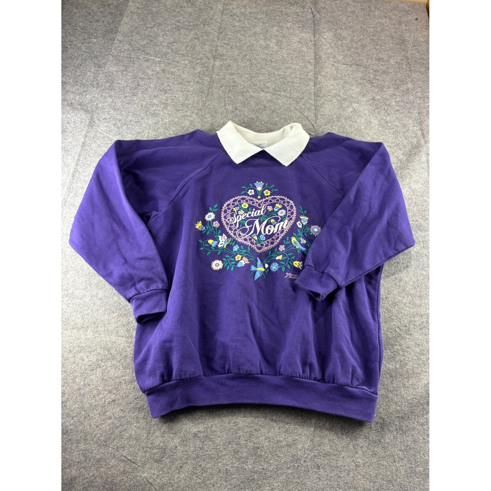 VTG 90s Morning Sun Special Mom Purple Collared Sweatshirt XXL Floral Bird SEE